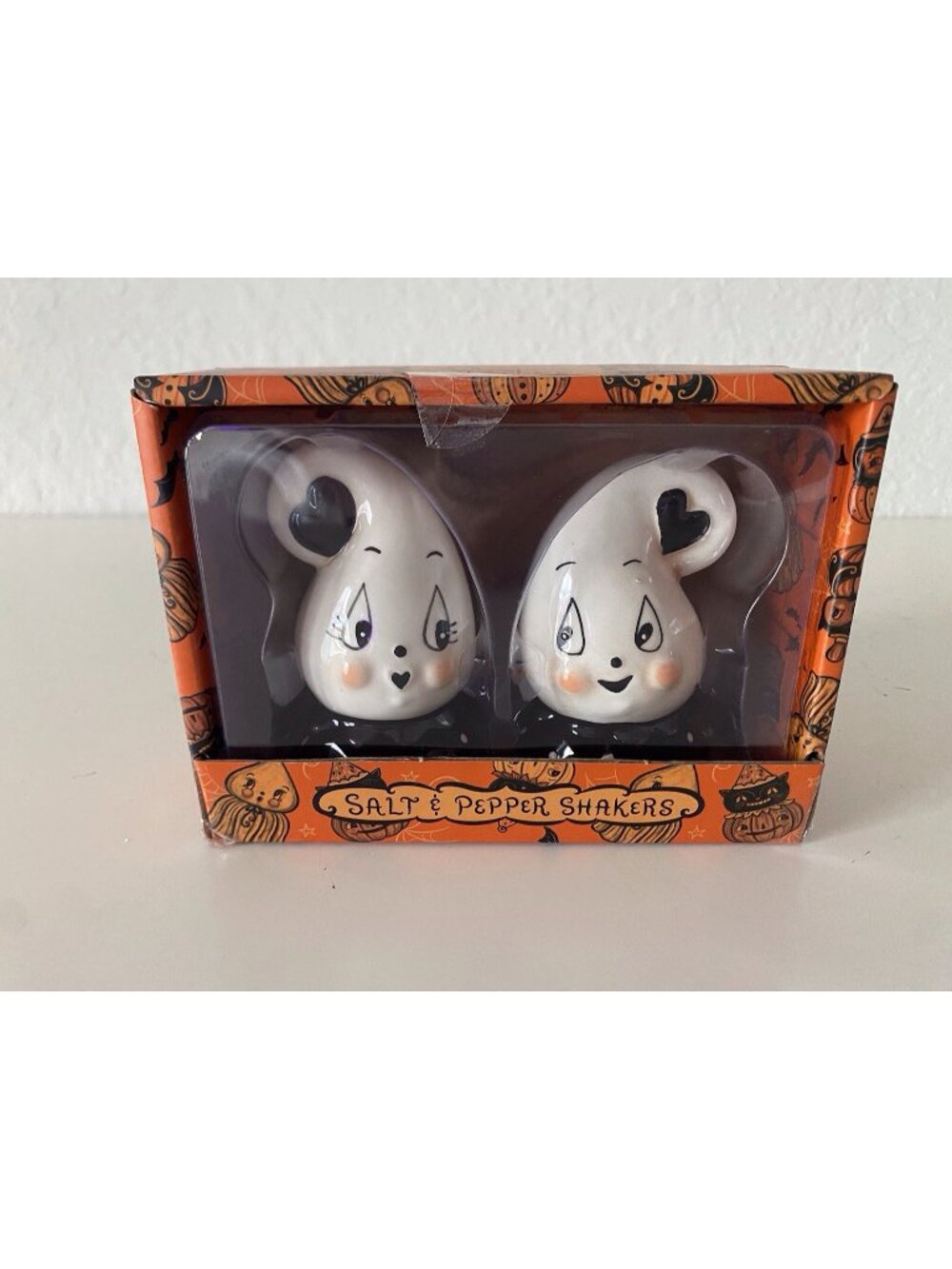 Set Of 2 Johanna Parker Ghost Halloween Ceramic Salt & Pepper Shakers NEW Sealed